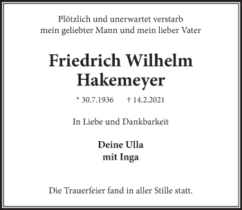 Traueranzeige von Friedrich Wilhelm Hakemeyer von Neue Deister-Zeitung