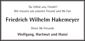 Traueranzeige von Friedrich Wilhelm Hakemeyer von Neue Deister-Zeitung