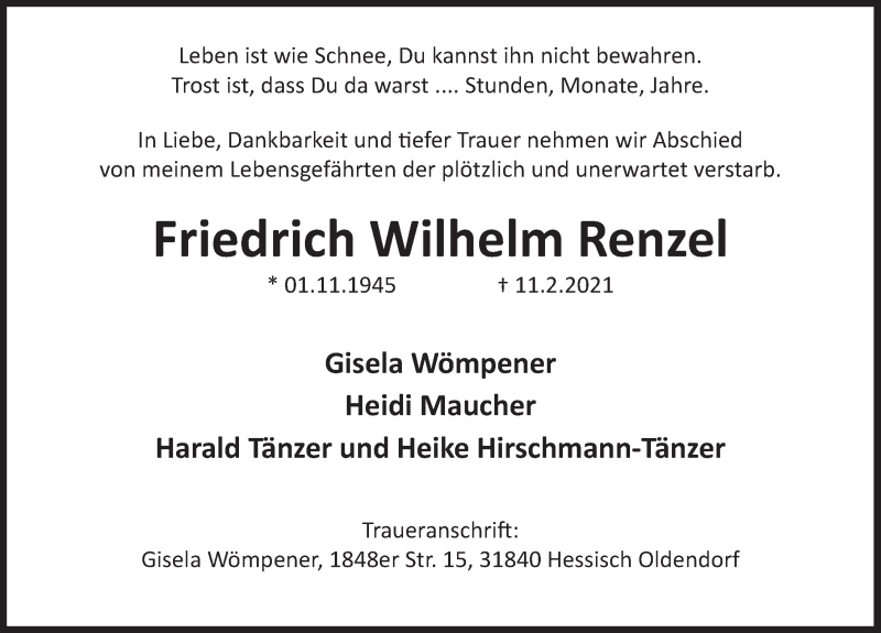  Traueranzeige für Friedrich Wilhelm Renzel vom 27.02.2021 aus Deister- und Weserzeitung