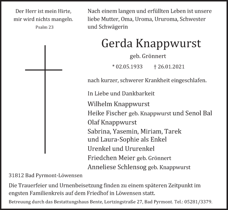  Traueranzeige für Gerda Knappwurst vom 06.02.2021 aus Deister- und Weserzeitung