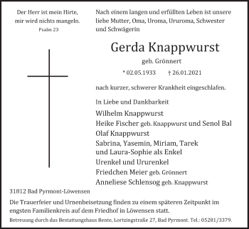 Traueranzeige von Gerda Knappwurst von Deister- und Weserzeitung