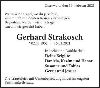 Traueranzeige von Gerhard Strakosch von Deister- und Weserzeitung