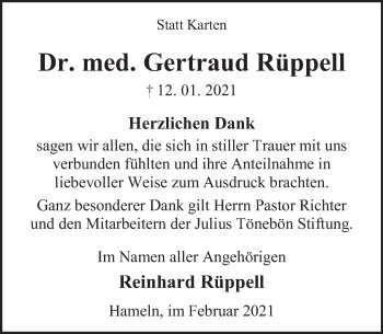 Traueranzeige von Gertraud Rüppell von Deister- und Weserzeitung