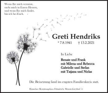 Traueranzeige von Greti Hendriks von Deister- und Weserzeitung