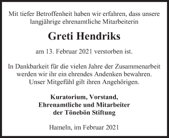 Traueranzeige von Greti Hendriks von Deister- und Weserzeitung