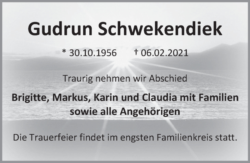  Traueranzeige für Gudrun Schwekendiek vom 20.02.2021 aus Deister- und Weserzeitung