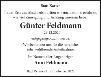 Traueranzeige von Günter Feldmann von Deister- und Weserzeitung