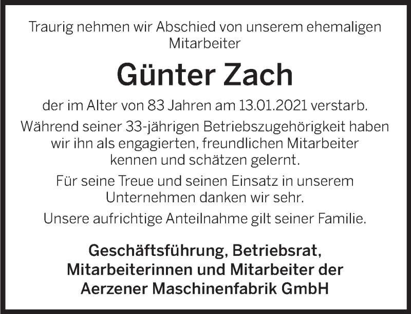  Traueranzeige für Günter Zach vom 26.02.2021 aus Deister- und Weserzeitung