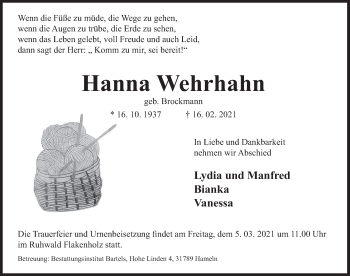 Traueranzeige von Hanna Wehrhahn von Deister- und Weserzeitung