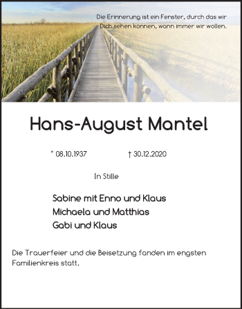 Traueranzeige von Hans-August Mantel von Neue Deister-Zeitung