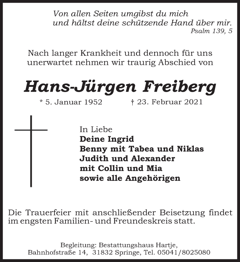  Traueranzeige für Hans-Jürgen Freiberg vom 27.02.2021 aus Neue Deister-Zeitung
