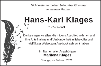 Traueranzeige von Hans-Karl Klages von Neue Deister-Zeitung