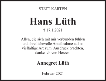 Traueranzeige von Hans Lüth von Deister- und Weserzeitung