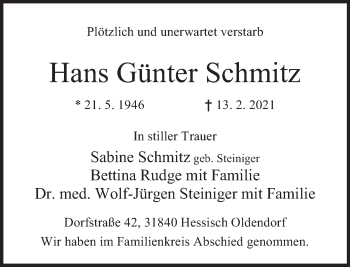 Traueranzeige von Hans Günter Schmitz von Deister- und Weserzeitung