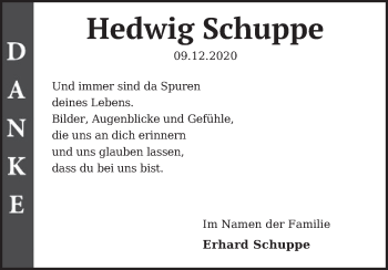 Traueranzeige von Hedwig Schuppe von Neue Deister-Zeitung