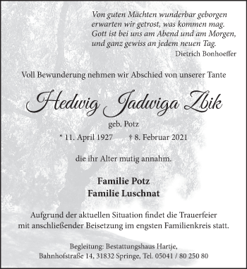 Traueranzeige von Hedwig Jadwiga Zbik von Neue Deister-Zeitung
