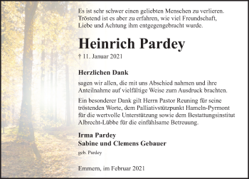 Traueranzeige von Heinrich Pardey von Deister- und Weserzeitung