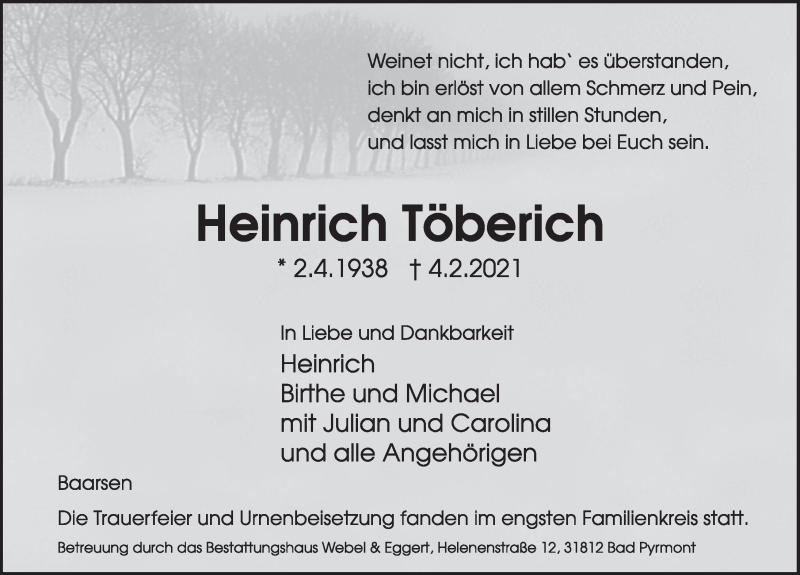  Traueranzeige für Heinrich Töberich vom 13.02.2021 aus Deister- und Weserzeitung