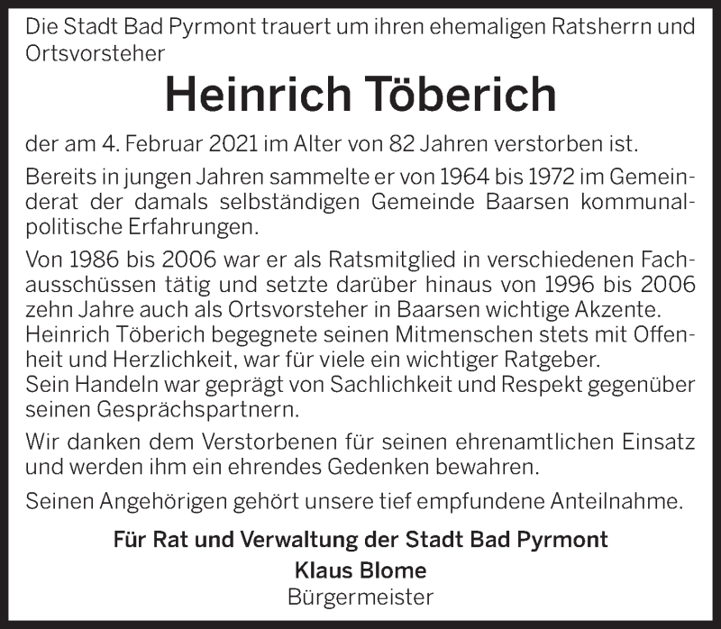  Traueranzeige für Heinrich Töberich vom 13.02.2021 aus Deister- und Weserzeitung