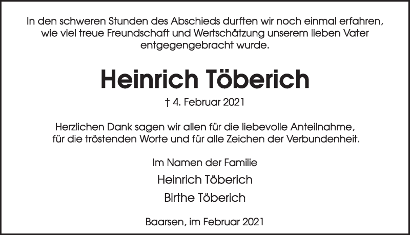  Traueranzeige für Heinrich Töberich vom 27.02.2021 aus Deister- und Weserzeitung
