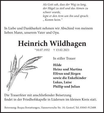 Traueranzeige von Heinrich Wildhagen von Neue Deister-Zeitung