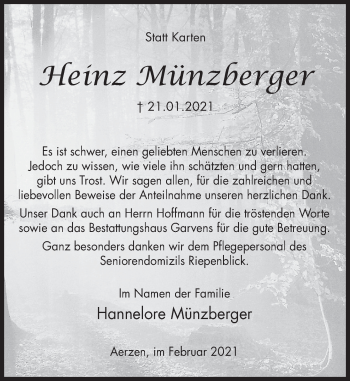 Traueranzeige von Heinz Münzberger von Deister- und Weserzeitung