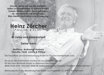 Traueranzeige von Heinz Zörcher von Deister- und Weserzeitung