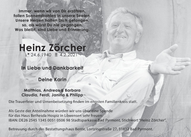  Traueranzeige für Heinz Zörcher vom 13.02.2021 aus Deister- und Weserzeitung