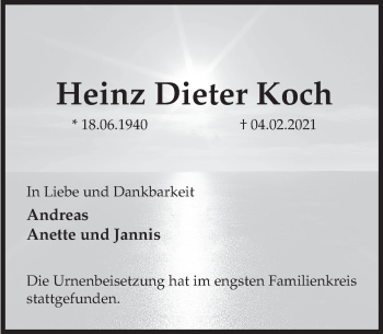 Traueranzeige von Heinz Dieter Koch von Deister- und Weserzeitung