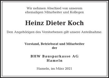 Traueranzeige von Heinz Dieter Koch von Deister- und Weserzeitung