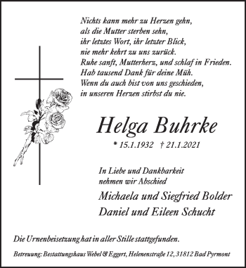 Traueranzeige von Helga Buhrke von Deister- und Weserzeitung