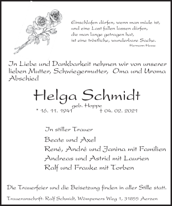 Traueranzeige von Helga Schmidt von Deister- und Weserzeitung