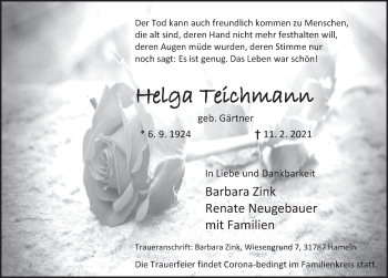 Traueranzeige von Helga Teichmann von Deister- und Weserzeitung