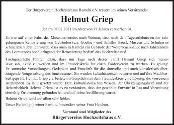 Traueranzeige von Helmut Griep von Deister- und Weserzeitung