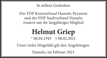Traueranzeige von Helmut Griep von Deister- und Weserzeitung