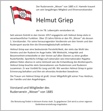 Traueranzeige von Helmut Griep von Deister- und Weserzeitung