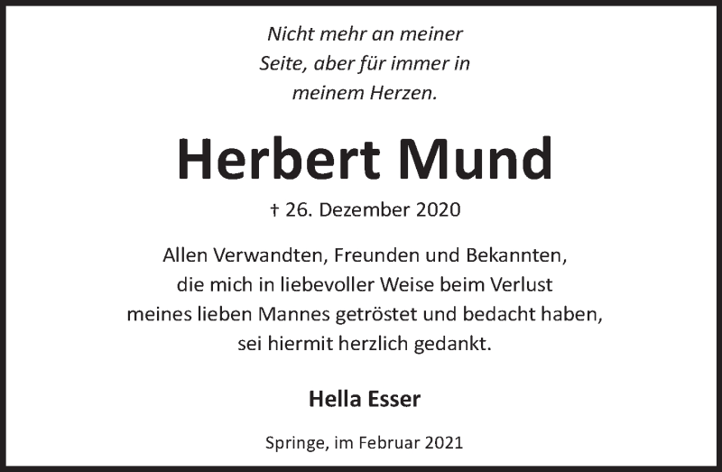  Traueranzeige für Herbert Mund vom 06.02.2021 aus Neue Deister-Zeitung