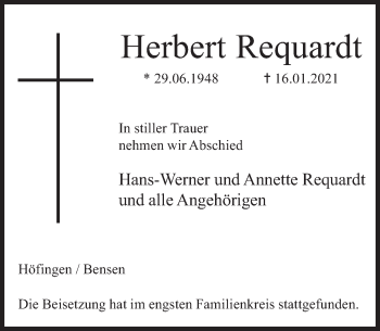 Traueranzeige von Herbert Requardt von Deister- und Weserzeitung