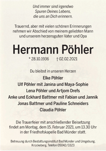 Traueranzeige von Hermann Pöhler von Neue Deister-Zeitung