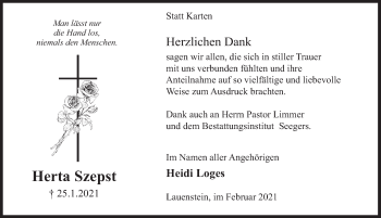 Traueranzeige von Herta Szepst von Deister- und Weserzeitung