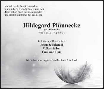 Traueranzeige von Hildegard Plünnecke von Deister- und Weserzeitung