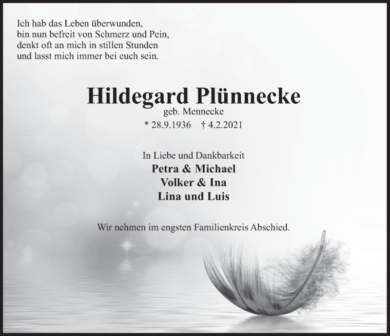  Traueranzeige für Hildegard Plünnecke vom 13.02.2021 aus Deister- und Weserzeitung