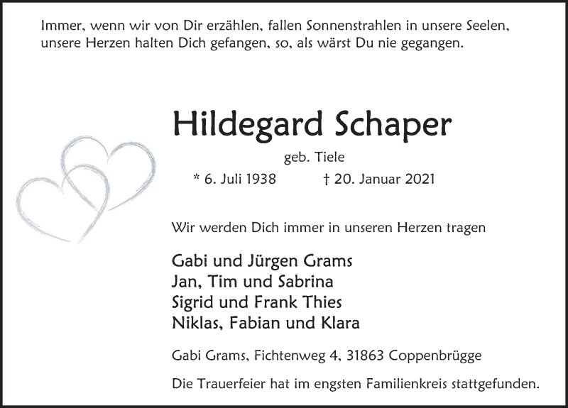  Traueranzeige für Hildegard Schaper vom 30.01.2021 aus Deister- und Weserzeitung