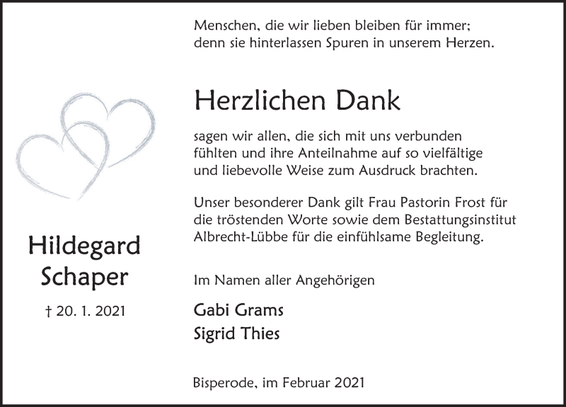  Traueranzeige für Hildegard Schaper vom 27.02.2021 aus Deister- und Weserzeitung