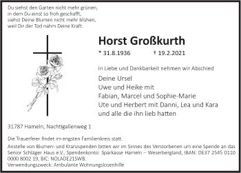 Traueranzeige von Horst Großkurth von Deister- und Weserzeitung