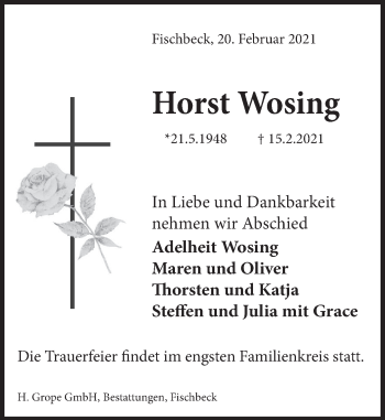 Traueranzeige von Horst Wosing von Deister- und Weserzeitung