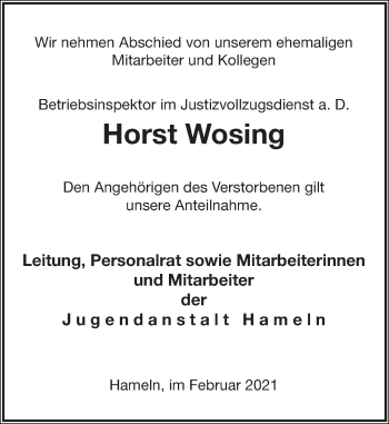 Traueranzeige von Horst Wosing von Deister- und Weserzeitung