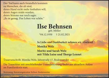 Traueranzeige von Ilse Behnsen von Deister- und Weserzeitung