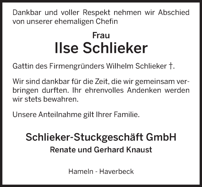  Traueranzeige für Ilse Schlieker vom 06.02.2021 aus Deister- und Weserzeitung