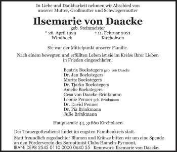 Traueranzeige von Ilsemarie von Daacke von Deister- und Weserzeitung